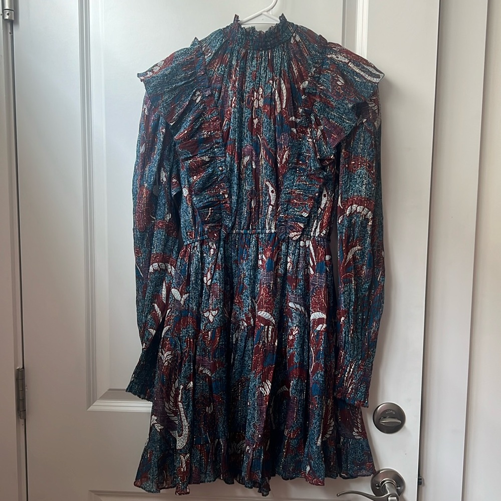 Ulla Johnson dress, blues and burgundy ruffles on top and bottom like new size S